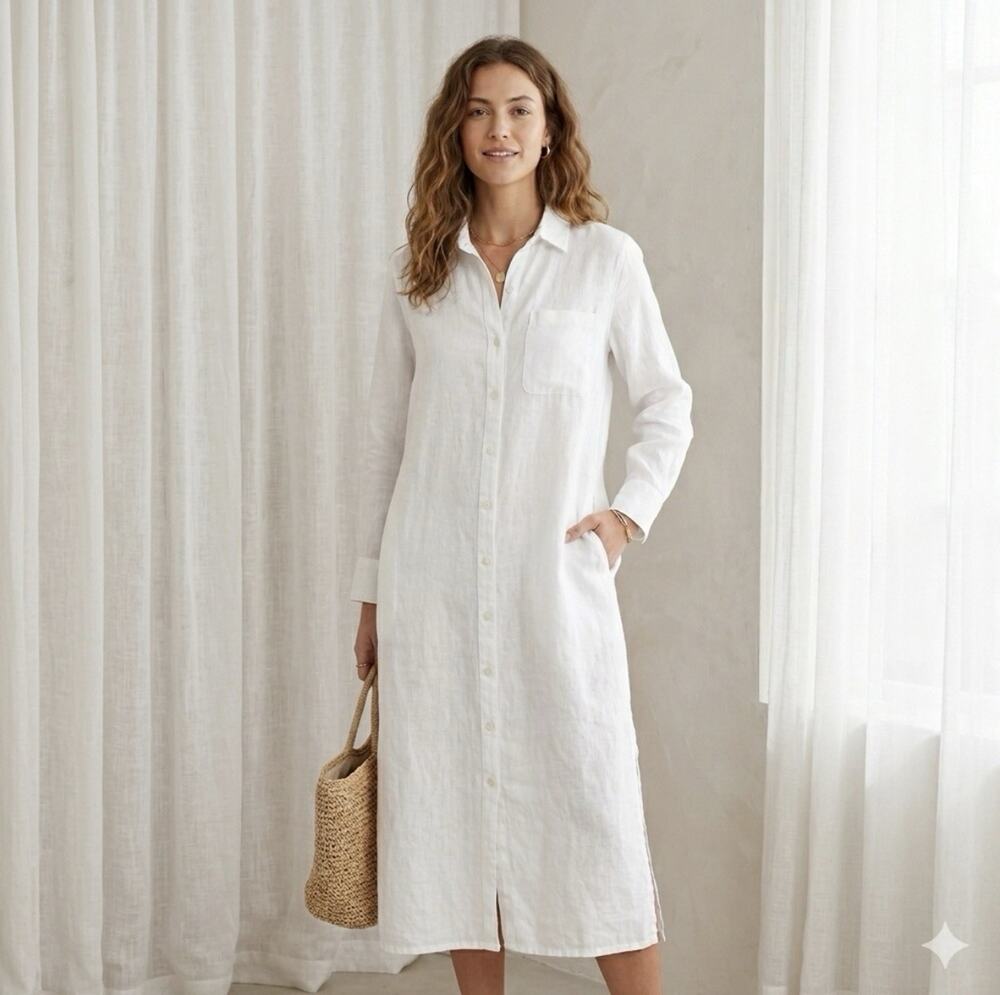 The Drop Linen Maxi Shirt Dress Small White Long Sleeve Coastal Euro Summer